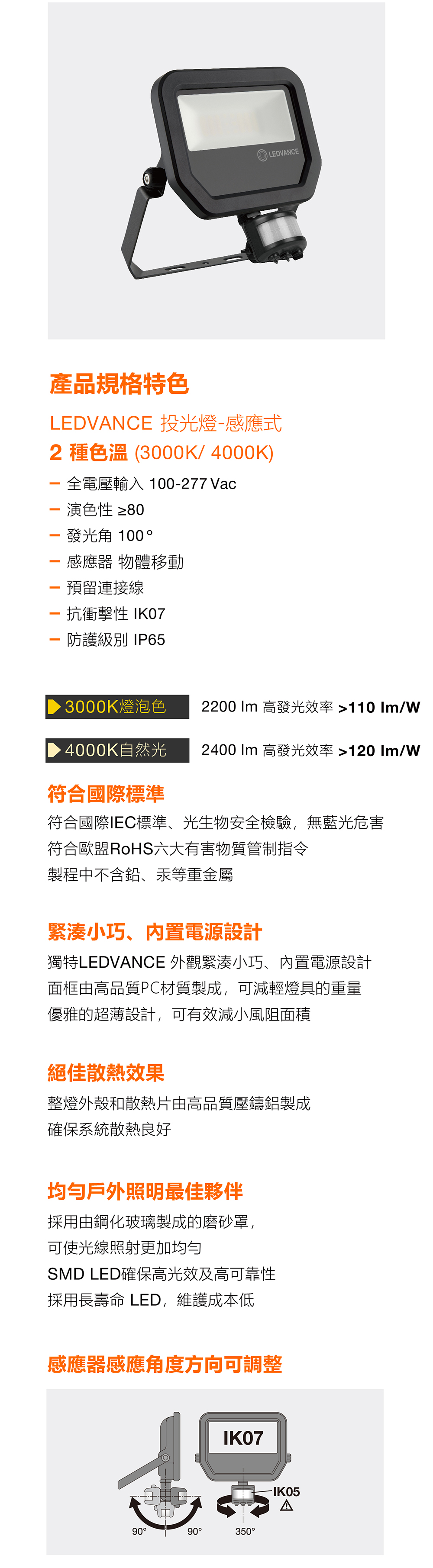 朗德萬斯 LED投光燈感應式 100-277V~