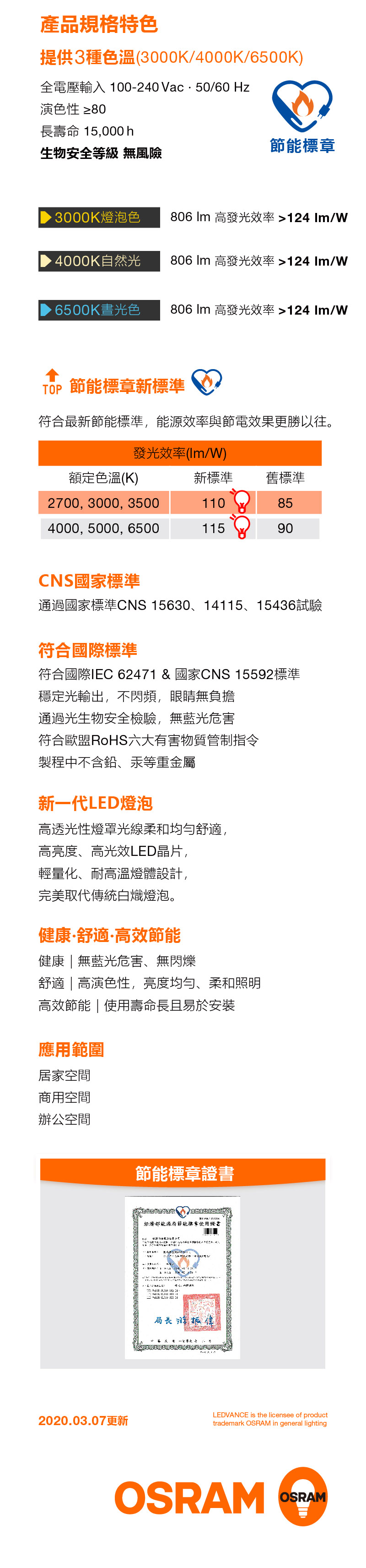 歐司朗 星亮 LED 燈泡A60 6.5W
