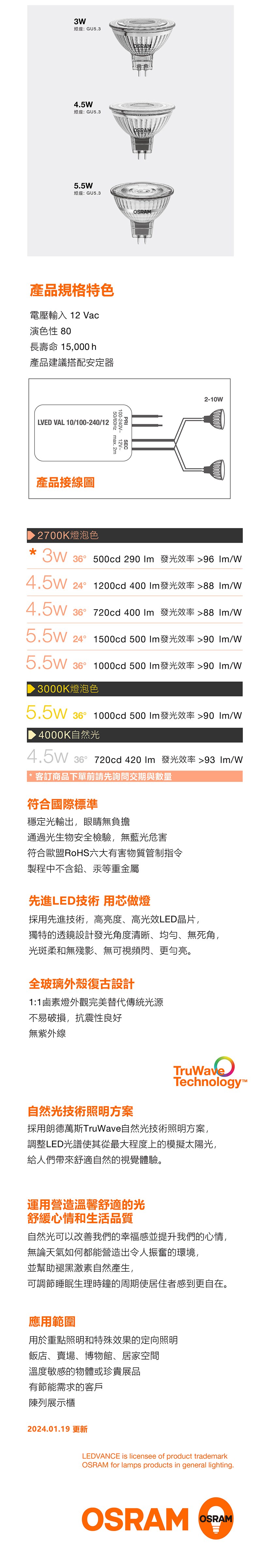 歐司朗 LED TruWave MR16 杯燈