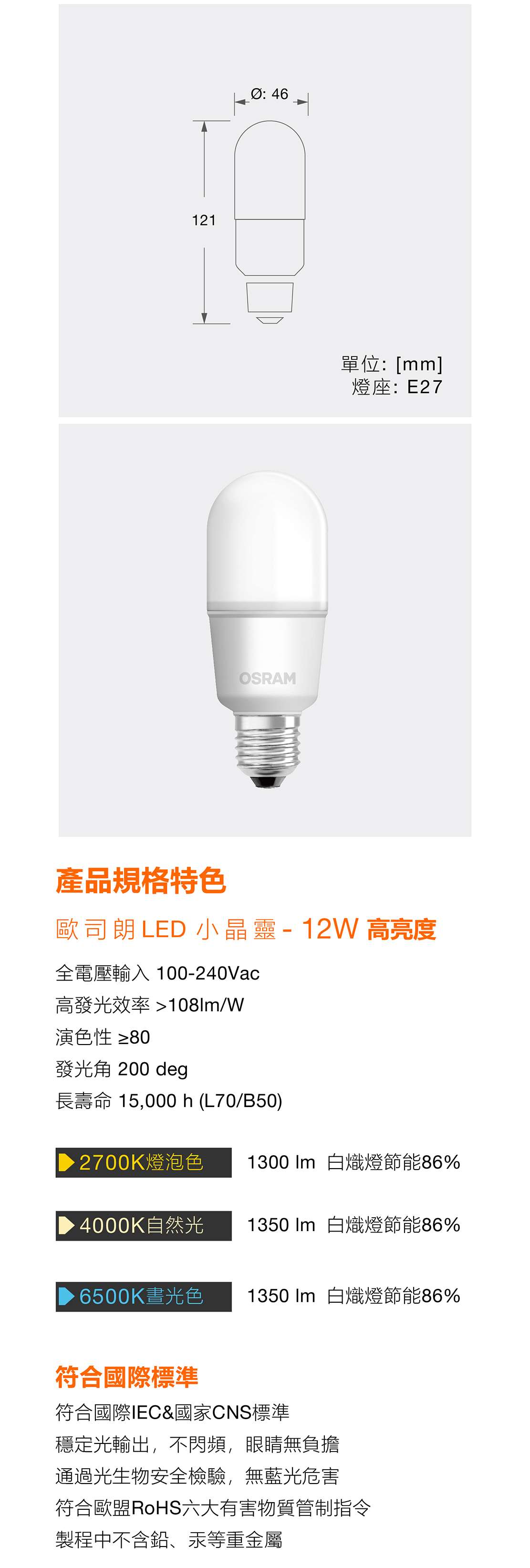 歐司朗 LED 12W 小晶靈