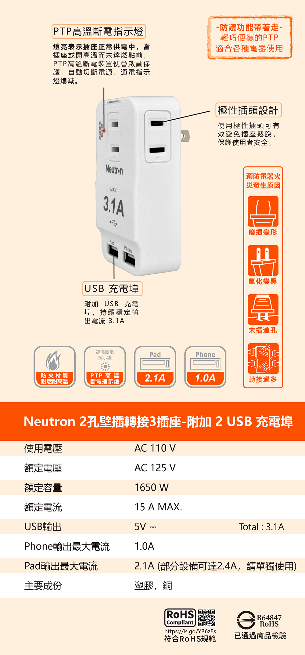 R-05U_2孔轉3插座_2 USB 充電埠_壁插轉接器