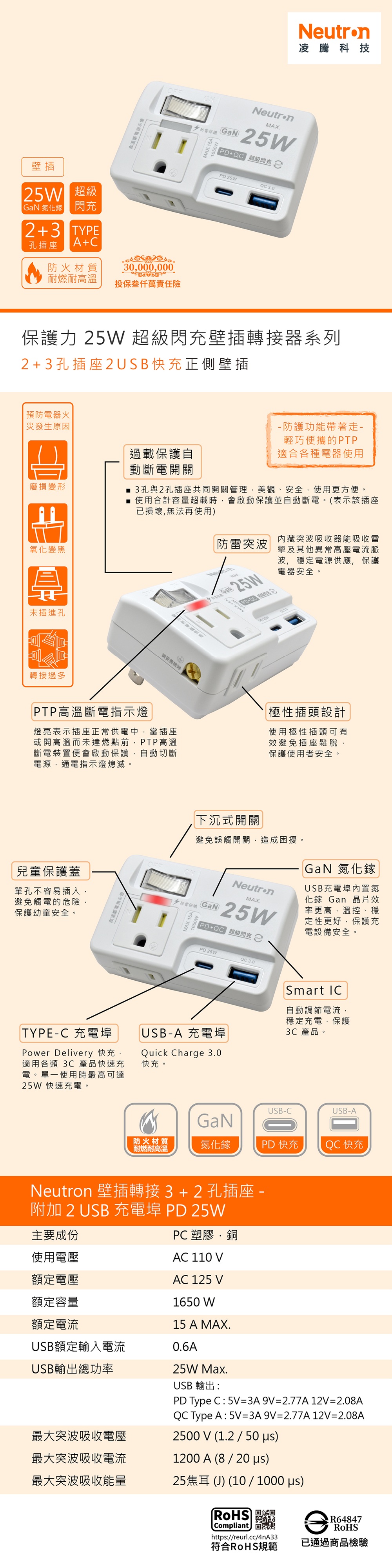 壁插轉接 3 + 2 孔插座 - 附加 2 USB 充電埠 PD 25W