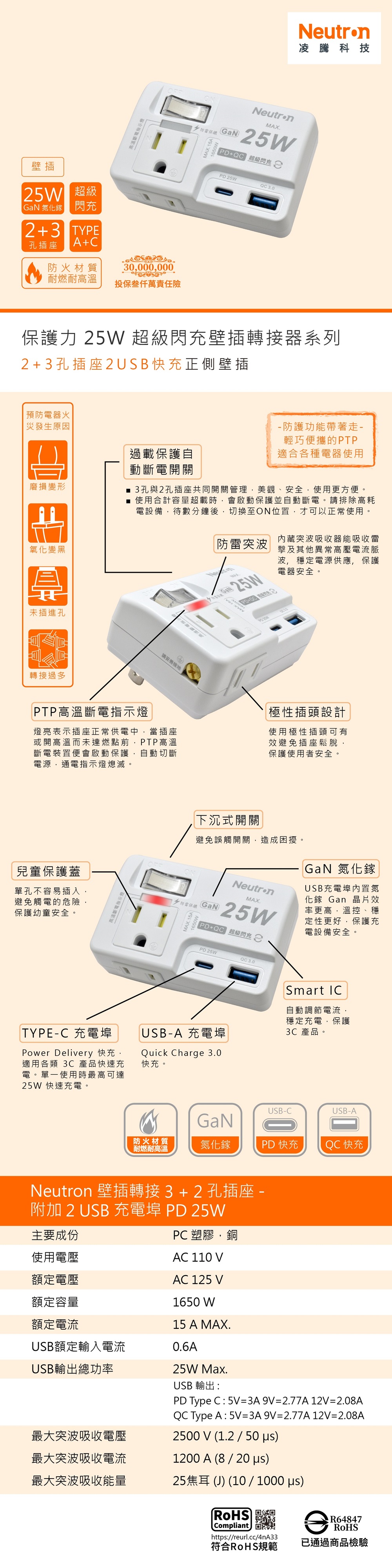 壁插轉接 3 + 2 孔插座 - 附加 2 USB 充電埠 PD 25W